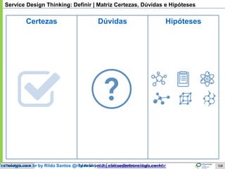 by @rildosan ® | rildo.santos@etecnologia.com.breTecnologia.com.r
Service Design Thinking: Definir | Matriz Certezas, Dúvidas e Hipóteses
Tecnologia.com.br by Rildo Santos @rildosan | rildo.santos@etecnologia.com.br
Certezas HipótesesDúvidas
108
 