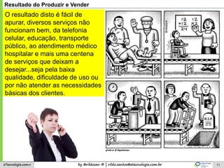 by @rildosan ® | rildo.santos@etecnologia.com.breTecnologia.com.r 11
Resultado do Produzir e Vender
O resultado disto é fácil de
apurar, diversos serviços não
funcionam bem, da telefonia
celular, educação, transporte
público, ao atendimento médico
hospitalar e mais uma centena
de serviços que deixam a
desejar...seja pela baixa
qualidade, dificuldade de uso ou
por não atender as necessidades
básicas dos clientes.
 