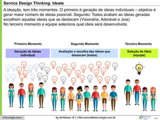 by @rildosan ® | rildo.santos@etecnologia.com.breTecnologia.com.r
Service Design Thinking: Ideate
111
Geração de Ideias
individual
Avaliação e escolha das ideias que
destacam (todos)
Seleção de Ideia
(equipe)
A ideação, tem três momentos. O primeiro é geração de ideias individuais – objetivo é
gerar maior número de ideias possível. Segundo: Todos avaliam as ideias geradas
escolhem aquelas ideias que se destacam (Visionária, Adorável e Joia)
No terceiro momento a equipe seleciona qual ideia será desenvolvida.
Primeiro Momento Segundo Momento Terceiro Momento
 