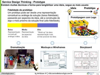 by @rildosan ® | rildo.santos@etecnologia.com.breTecnologia.com.r
Service Design Thinking : Prototype
114
Prototipagem com Lego
Mockups e WireframesDramatização Storyboard
Existem muitas técnicas e forma para tangibilizar uma ideia, segue as mais usuais:
ideia Protótipo
Fidelidade do protótipo
Um protótipo pode ser desde uma representação
conceitual ou análoga da solução (baixa fidelidade),
passando por aspectos da ideia, até a construção de
algo o mais próximo da solução final (alta fidelidade).
 