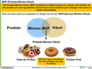 by @rildosan ® | rildo.santos@etecnologia.com.breTecnologia.com.r 115
MVP (Produto Mínimo Viável)
Um Produto Mínimo Viável (MVP, de Minimum Viable Product) é a versão mais simples de
um produto com uma quantidade suficiente de funcionalidades para entregar valor para as
partes interessadas.
MVPMínimo ViávelProduto
Produto Mínimo Viável
Visão do Produto Produto FinalMVP deve gerar aprendizado
de como entregar valor para
os clientes
Este conceito pode ser adaptado ao design de serviço: MVS (Serviço Mínimo Viável)
 