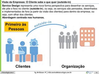 by @rildosan ® | rildo.santos@etecnologia.com.breTecnologia.com.r 19
Visão da Empresas: O Cliente sabe o que quer (outside-in)
Service Design representa uma nova forma perspectiva para desenhar os serviços,
ele põe o foco no cliente (outside-in), ou seja, os serviços são pensados, desenhados
e implementados de fora (a partir da visão dos clientes) para dentro da empresa, ou
seja, com olhar dos clientes.
Abordagem centrada nos humanos.
OrganizaçãoClientes
Primeiro às
Pessoas
 