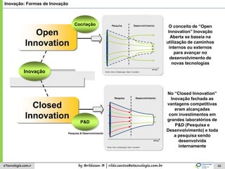 by @rildosan ® | rildo.santos@etecnologia.com.breTecnologia.com.r 45
Open
Innovation
Closed
Innovation
P&D
Cocriação
Pesquisa & Desenvolvimento
Inovação
No “Closed Innovation”
Inovação fechada as
vantagens competitivas
eram alcançadas
com investimentos em
grandes laboratórios de
P&D (Pesquisa e
Desenvolvimento) e toda
a pesquisa sendo
desenvolvida
internamente
O conceito de “Open
Innovation” Inovação
Aberta se baseia na
utilização de caminhos
internos ou externos
para avançar no
desenvolvimento de
novas tecnologias
Inovação: Formas de Inovação
 