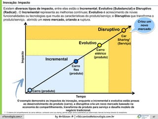 by @rildosan ® | rildo.santos@etecnologia.com.breTecnologia.com.r 47
Inovação: Impacto
Existem diversos tipos de impacto, entre elas estão o Incremental, Evolutivo (Substancial) e Disruptivo
(Radical) . O Incremental representa as melhorias contínuas; Evolutivo é acrescimento de novas
funcionalidades ou tecnologias que muda as características do produto/serviço; e Disruptiva que transforma o
produto/serviço, abrindo um novo mercado, criando a ruptura.
Tempo
Impacto
Incremental
Evolutivo
Disruptivo
Carro
flex
(produto)
1 - O sistema de compartilhamento de carros elétricos, conhecido como car sharing, permite alugar carros sustentáveis por determinado intervalo de tempo através do smartphone.
Car
Sharing1
(Serviço)
Carro (produto)
Carro
elétrico
(produto)
O exemplo demonstra os impactos da inovação, enquanto a incremental e evolutiva estão presas
ao desenvolvimento do produto (carro), a disrupitiva cria um novo mercado baseado na
economia do compartilhamento, transforma de produto para serviço e desafia modelo de
negócio tradicional.
Criou um
novo
mercado
 