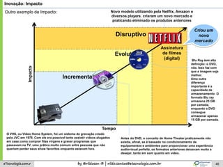 by @rildosan ® | rildo.santos@etecnologia.com.breTecnologia.com.r 48
Inovação: Impacto
Outro exemplo de Impacto:
Tempo
Impacto
Incremental
Evolutivo
Disruptivo
Assinatura
de filmes
(digital)
O VHS, ou Vídeo Home System, foi um sistema de gravação criado
pela JVC em 1976. Com ele era possível tanto assistir vídeos alugados
em casa como comprar fitas virgens e gravar programas que
passavam na TV, uma prática muito comum entre pessoas que não
queriam perder seus show favoritos enquanto estavam fora.
Antes do DVD, o conceito de Home Theater praticamente não
existia, afinal, se é baseado no condicionamento de
equipamentos e ambientes para proporcionar uma experiência
audiovisual perfeita, os formatos anteriores deixavam muito a
desejar, tanto em som quanto em vídeo.
Blu Ray tem alta
definição: o DVD,
não. Isso faz com
que a imagem seja
melhor.
Uma outra
diferença
importante é a
capacidade de
armazenamento: O
formato Blu ray
armazena 25 GB
por camada,
enquanto o DVD
consegue
armazenar apenas
15 GB por camada.
Novo modelo utilizando pela Netflix, Amazon e
diversos players. criaram um novo mercado e
praticando eliminado os produtos anteriores
Criou um
novo
mercado
 