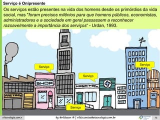 by @rildosan ® | rildo.santos@etecnologia.com.breTecnologia.com.r 75
Serviço é Onipresente
Serviço
Serviço
Serviço
Serviço
Os serviços estão presentes na vida dos homens desde os primórdios da vida
social, mas "foram precisos milênios para que homens públicos, economistas,
administradores e a sociedade em geral passassem a reconhecer
razoavelmente a importância dos serviços“ - Urdan, 1993.
 