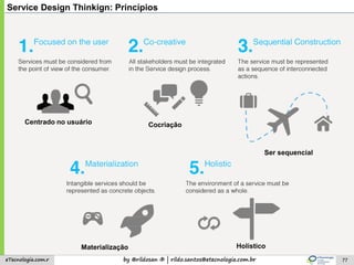 by @rildosan ® | rildo.santos@etecnologia.com.breTecnologia.com.r 77
Service Design Thinkign: Princípios
Centrado no usuário
Ser sequencial
Cocriação
Evidência
Holístico
© Matt Tyas for the Global Service Jam. Insights from the Service Designer Marc Stickdorn’s book “This is Service Design Thinking”
Centrado no usuário
Ser sequencial
Cocriação
Materialização Holístico
 