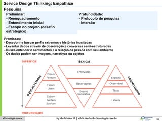 by @rildosan ® | rildo.santos@etecnologia.com.breTecnologia.com.r
Service Design Thinking: Empathize
99
Pesquisa
Preliminar:
- Reenquadramento
- Entendimento inicial
- Escopo do projeto (desafio
estratégico)
Profundidade:
- Protocolo de pesquisa
- Imersão
Premissas:
- Descobrir e buscar perfis extremos e histórias inusitadas
- Levantar dados através de observação e conversas semi-estruturadas
- Busca entender o sentimentos e a relação da pessoa com seu ambiente
- Os dados podem ser imagens, narrativas ou objetos
 