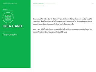SERVICE DESIGN PROCESS PHASE 2 CREATION / IDEA DEVELOPMENT 104 
TOOL 15 
IDEA CARD 
ใบแสดงแนวคิด 
ใบแสดงแนวคิด (Idea Card) คือการนำ�ความคิดที่ได้คัดเลือกมานั้นมาต่อยอดเป็น “แนวคิด 
งานบริการ” ซึ่งเครื่องมือนี้จะทำ�หน้าที่วางโครงสร้างของงานบริการหนึ่งๆ ให้สอดคล้องกับเป้าหมาย 
ขององค์กร และพัฒนาต่อยอดแนวคิดดังกล่าวอย่างเป็นระบบมากขึ้น 
Idea Card ไม่ใช่เป็นเพียงใบแสดงความคิดเห็นเท่านั้น แต่คือการตรวจสอบรายละเอียดในทุกแง่มุม 
ของแนวคิดบริการหนึ่งๆ ก่อนจะนำ�แนวคิดนั้นไปใช้งานจริง 
 