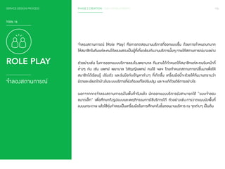 SERVICE DESIGN PROCESS PHASE 2 CREATION / IDEA DEVELOPMENT 106 
TOOL 16 
ROLE PLAY 
จำ�ลองสถานการณ์ 
จ�ำ ลองสถานการณ์ (Role Play) คือการทดสอบงานบริการที่ออกแบบขึ้น ด้วยการก�ำ หนดบทบาท 
ให้สมาชิกในทีมแต่ละคนได้ลองแสดงเป็นผู้ที่เกี่ยวข้องกับงานบริการนั้นๆ ภายใต้สถานการณ์บางอย่าง 
ตัวอย่างเช่น ในการออกแบบบริการของโรงพยาบาล ทีมงานได้ก�ำ หนดให้สมาชิกแต่ละคนรับหน้าที่ 
ต่างๆ กัน เช่น แพทย์ พยาบาล วิสัญญีแพทย์ คนไข้ ฯลฯ โดยก�ำ หนดสถานการณ์ขึ้นมาเพื่อให้ 
สมาชิกได้เรียนรู้ ปรับตัว และรับมือกับปัญหาต่างๆ ที่เกิดขึ้น เครื่องมือนี้จะช่วยให้ทีมงานทราบว่า 
มีรายละเอียดใดบ้างในระบบบริการที่ยังต้องแก้ไขปรับปรุง และจะแก้ด้วยวิธีการอย่างไร 
นอกจากการจ�ำ ลองสถานการณ์ในพื้นที่จริงแล้ว นักออกแบบบริการยังสามารถใช้ “แบบจ�ำ ลอง 
ขนาดเล็ก” เพื่อศึกษาถึงรูปแบบและพฤติกรรมการใช้บริการได้ ตัวอย่างเช่น การวาดแผนผังพื้นที่ 
ลงบนกระดาษ แล้วใช้หุ่นจ�ำ ลองเป็นเครื่องมือในการศึกษาถึงขั้นตอนงานบริการ ณ จุดต่างๆ เป็นต้น 
 