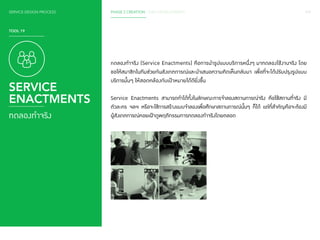 SERVICE DESIGN PROCESS PHASE 2 CREATION / IDEA DEVELOPMENT 111 
TOOL 19 
SERVICE 
ENACTMENTS 
ทดลองทำ�จริง 
nดลองท�ำ จริง (Service Enactments) คือการน�ำ รูปแบบบริการหนึ่งๆ มาทดลองใช้งานจริง โดย 
ขอให้สมาชิกในทีมช่วยกันสังเกตการณ์และน�ำ เสนอความคิดเห็นกลับมา เพื่อที่จะได้ปรับปรุงรูปแบบ 
บริการนั้นๆ ให้สอดคล้องกับเป้าหมายได้ดียิ่งขึ้น 
Service Enactments สามารถท�ำ ได้ทั้งในลักษณะการจ�ำ ลองสถานการณ์จริง คือใช้สถานที่จริง มี 
ตัวละคร ฯลฯ หรือจะใช้การสร้างแบบจ�ำ ลองเพื่อศึกษาสถานการณ์นั้นๆ ก็ได้ แต่ที่ส�ำ คัญคือจะต้องมี 
ผู้สังเกตการณ์คอยเฝ้าดูพฤติกรรมการทดลองท�ำ จริงโดยตลอด 
 
