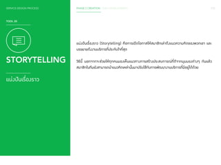 SERVICE DESIGN PROCESS PHASE 2 CREATION / IDEA DEVELOPMENT 112 
TOOL 20 
STORYTELLING 
แบ่งปันเรื่องราว 
แบ่งปันเรื่องราว (Storytelling) คือการเปิดโอกาสให้สมาชิกเล่าถึงแนวความคิดของพวกเขา และ 
บรรยายถึงงานบริการที่ประทับใจที่สุด 
วิธีนี้ นอกจากจะช่วยให้ทุกคนมองเห็นแนวทางการสร้างประสบการณ์ที่ดีจากมุมมองต่างๆ กันแล้ว 
สมาชิกในทีมยังสามารถนำ�แนวคิดเหล่านั้นมาปรับใช้กับการพัฒนางานบริการที่มีอยู่ได้ด้วย 
 