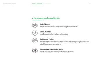 SERVICE DESIGN PROCESS PHASE 2 CREATION / CO-CREATION 116 
4 ประเภทของการสร้างสรรค์ร่วมกัน 
Club of Experts 
การสร้างสรรค์ร่วมกันที่ต้องการความคิดจากผู้เชี่ยวชาญเฉพาะทาง 
Crowd Of People 
การสร้างสรรค์ร่วมกันจากพลังความคิดของฝูงชน 
Coalitions of Parties 
การสร้างสรรค์ร่วมกันเพื่อแบ่งปันความคิดเห็นระหว่างผู้ลงทุนและผู้ที่มีผลประโยชน์ 
หรือผู้ได้รับผลกระทบจากงานบริการ 
Community of Like-Minded Spirits 
การสร้างสรรค์ร่วมกันระหว่างกลุ่มคนที่มีความสนใจเดียวกัน 
 