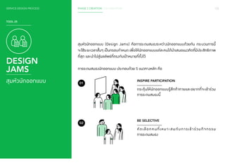 123 
INSPIRE PARTICIPATION 
กระตุ้นให้นักออกแบบรู้สึกท้าทายและอยากที่จะเข้าร่วม 
การระดมสมองนี้ 
BE SELECTIVE 
คัด เ ลือ ก ค น ที่เ ห ม า ะ ส ม กับ ก า ร เ ข้า ร่ว ม กิจ ก ร ร ม 
การระดมสมอง 
SERVICE DESIGN PROCESS PHASE 2 CREATION / CO-CREATION 
TOOL 25 
DESIGN 
JAMS 
สุมหัวนักออกแบบ 
สุมหัวนักออกแบบ (Design Jams) คือการระดมสมองระหว่างนักออกแบบด้วยกัน กระบวนการนี้ 
จะใช้ระยะเวลาสั้นๆ เป็นกรอบกำ�หนด เพื่อให้นักออกแบบแต่ละคนได้นำ�เสนอแนวคิดที่มีประสิทธิภาพ 
ที่สุด และนำ�ไปสู่ผลลัพธ์ที่ตรงกับเป้าหมายที่ตั้งไว้ 
การระดมสมองนักออกแบบ ประกอบด้วย 5 แนวทางหลัก คือ 
01 
02 
 