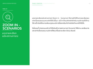 SERVICE DESIGN PROCESS PHASE 2 CREATION / CONCEPTUALISATION 134 
TOOL 27 
ZOOM IN - 
SCENARIOS 
มองรายละเอียดแต่ละสถานการณ์ (Zoom In - Scenarios) คือการเข้าไปศึกษารายละเอียดของ 
แต่ละขั้นตอนของแนวความคิดที่สร้างขึ้นมา แม้ว่าจะได้แนวคิดหลักส�ำ หรับงานบริการแล้วก็ตาม 
วิธีการนี้จะช่วยให้สามารถพัฒนารูปแบบบริการให้สอดคล้องกับโจทย์หรือเป้าหมายได้ดียิ่งขึ้น 
ในขั้นตอนนี้ นักออกแบบบริการจ�ำ เป็นต้องสร้างภาพสถานการณ์ (Scenario) ให้ชัดเจน และเขียนภาพ 
แสดงล�ำ ดับขั้นตอนของงานบริการที่พัฒนาขึ้นอย่างละเอียด (Story Board) 
มองรายละเอียด 
แต่ละสถานการณ์ 
 
