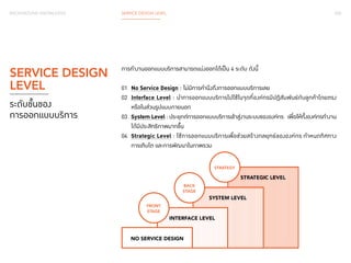 BACKGROUND KNOWLEDGE SERVICE DESIGN LEVEL 028 
SERVICE DESIGN 
LEVEL 
ระดับขั้นของ 
การออกแบบบริการ 
การทำ�งานออกแบบบริการสามารถแบ่งออกได้เป็น 4 ระดับ ดังนี้ 
01 No Service Design : ไม่มีการคำ�นึงถึงการออกแบบบริการเลย 
02 Interface Level : นำ�การออกแบบบริการไปใช้ในจุดที่องค์กรมีปฏิสัมพันธ์กับลูกค้าโดยตรง 
หรือในส่วนรูปแบบภายนอก 
03 System Level : ประยุกต์การออกแบบบริการเข้าสู่งานระบบขององค์กร เพื่อให้ทั้งองค์กรทำ�งาน 
ได้มีประสิทธิภาพมากขึ้น 
04 Strategic Level : ใช้การออกแบบบริการเพื่อช่วยสร้างกลยุทธ์ขององค์กร ก�ำ หนดทิศทาง 
การเติบโต และการพัฒนาในภาพรวม 
INTERFACE LEVEL 
NO SERVICE DESIGN 
STRATEGIC LEVEL 
SYSTEM LEVEL 
BACK 
STAGE 
FRONT 
STAGE 
STRATEGY 
 