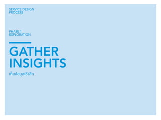 052 
SERVICE DESIGN 
PROCESS 
PHASE 1 
EXPLORATION 
GATHER 
INSIGHTS 
เก็บข้อมูลเชิงลึก 
 