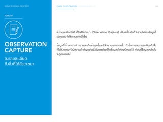 SERVICE DESIGN PROCESS PHASE 1 EXPLORATION / GATHER INSIGHTS 065 
TOOL 04 
OBSERVATION 
CAPTURE 
ลงรายละเอียด 
ถึงสิ่งที่ได้สังเกตมา 
ลงรายละเอียดถึงสิ่งที่ได้สังเกตมา (Observation Capture) เป็นเครื่องมือที่จะช่วยให้เห็นข้อมูลที่ 
รวบรวมมาได้ชัดเจนมากยิ่งขึ้น 
ข้อมูลที่ได้จากการสำ�รวจและเก็บข้อมูลนั้นจะมีจำ�นวนมากทุกครั้ง ดังนั้นการลงรายละเอียดถึงสิ่ง 
ที่ได้สังเกตมาจึงมีความสำ�คัญอย่างยิ่งในการช่วยเก็บข้อมูลสำ�คัญทั้งหมดไว้ ก่อนที่ข้อมูลเหล่านั้น 
จะถูกละเลยไป 
 