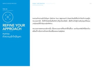 SERVICE DESIGN PROCESS PHASE 1 EXPLORATION / GATHER INSIGHTS 070 
TOOL 06 
REFINE YOUR 
APPROACH 
ทบทวน 
ทำ�ความเข้าใจปัญหา 
ทบทวนท�ำ ความเข้าใจปัญหา (Refine Your Approach) ช่วยสะท้อนให้เห็นว่าก�ำ ลังท�ำ งานอยู่ใน 
กระบวนการใด สิ่งที่ทำ� ไปแล้วนั้นเป็นทิศทางที่ถูกต้องหรือไม่ เพื่อที่จะนำ� ไปสู่การปรับปรุงแก้ไขแผน 
งานในกรณีที่ด�ำ เนินงานผิดทิศทาง 
กระบวนการออกแบบบริการนั้น เป็นกระบวนการที่ต้องท�ำ ซ�้ำไปซ�้ำมา และต้องอาศัยใจที่เปิดกว้าง 
พร้อมที่จะปรับความคิดและปรับเปลี่ยนแผนงานอยู่เสมอ 
 