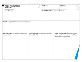 SERVICE DESIGN PROCESS PHASE 1 EXPLORATION / SYNTHESIS 078 
สร้างผู้ใช้จำ�ลอง 
QUOTE / คำ�พูดที่สะท้อนความคิดหรือความต้องการของเขา 
MOTIVATIONS / แรงจูงใจอะไรที่จูงใจให้เขาทำ�หรือ 
แสดงออกเช่นนั้น 
FRUSTRATIONS / ความคับข้องใจอะไรที่ทำ�ให้เขา 
รำ�คาญหรือเป็นกังวล 
IDEAL EXPERIENCE / รูปแบบบริการแบบใดที่ 
เขาต้องการ เพื่อจะสามารถสร้างความประทับใจสูงสุด 
ให้แก่เขา พร้อมทั้งระบุรายละเอียด 
TOOL TEMPLATE 08 
PERSONA 
NAME / ชื่อ AGE / อายุ 
BACKGROUND / อธิบายเกี่ยวกับชีวิตของเขา 
 