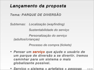 Lançamento da proposta Tema: PARQUE DE DIVERSÃO Subtemas:  Localização (wayfinding) Sustentabilidade do serviço Personaliz...