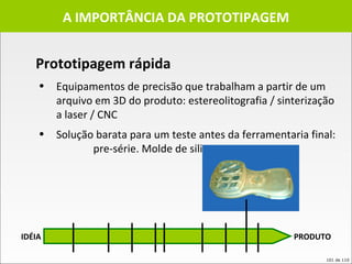 A IMPORTÂNCIA DA PROTOTIPAGEM Equipamentos de precisão que trabalham a partir de um arquivo em 3D do produto: estereolitografia / sinterização a laser / CNC  Solução barata para um teste antes da ferramentaria final:  pre-série. Molde de silicone. Prototipagem rápida IDÉIA PRODUTO 