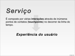 Serviço É composto por várias  interações  através de inúmeros pontos de contatos ( touchpoints ) no decorrer da linha do tempo. Experiência do usuário 