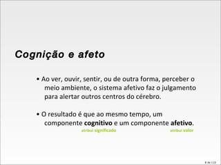 •  Ao ver, ouvir, sentir, ou de outra forma, perceber o meio ambiente, o sistema afetivo faz o julgamento para alertar outros centros do cérebro. •  O resultado é que ao mesmo tempo, um componente  cognitivo  e um componente  afetivo . Cognição e afeto atribui  significado atribui  valor 