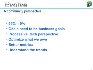 A community perspective…. 95% = 0% Goals need to be business goals Process vs. tech perspective Optimize what we own Better metrics Understand the trends 