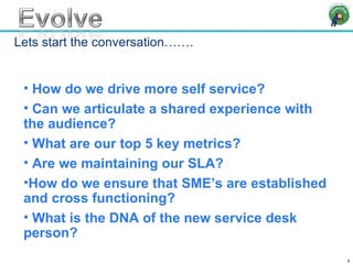 Lets start the conversation……. How do we drive more self service? Can we articulate a shared experience with the audience? What are our top 5 key metrics? Are we maintaining our SLA? How do we ensure that SME’s are established and cross functioning? What is the DNA of the new service desk person? 