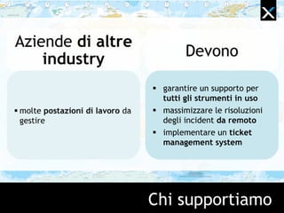 Chi supportiamo
Devono
Aziende di tutte
le industry
 molte postazioni di lavoro da
gestire
 garantire un supporto per
tutti gli strumenti in uso
 massimizzare le risoluzioni
degli incident da remoto
 implementare un ticket
management system
 