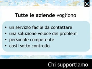 Chi supportiamo
Tutte le aziende vogliono
 un servizio facile da contattare
 una soluzione veloce dei problemi
 personale competente
 costi sotto controllo
 
