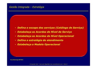 Gestão Integrada – Estratégia




         • Defina o escopo dos serviços (Catálogo de Serviço)
         • Estabeleça os Acordos de Nível de Serviço
         • Estabeleça os Acordos de Nível Operacional
         • Defina a estratégia de atendimento
         • Estabeleça o Modelo Operacional




Fonte: Metodologia METRICS



                             @ Copyright 2010 – Ivan Luizio Magalhães (ivan_luizio@hotmail.com) – Slide 22
 