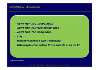 Metodologia - Arquitetura




Fonte: Metodologia METRICS



                             @ Copyright 2010 – Ivan Luizio Magalhães (ivan_luizio@hotmail.com) – Slide 26
 