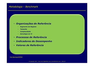 Metodologia – Benchmark




Fonte: Metodologia METRICS



                             @ Copyright 2010 – Ivan Luizio Magalhães (ivan_luizio@hotmail.com) – Slide 28
 