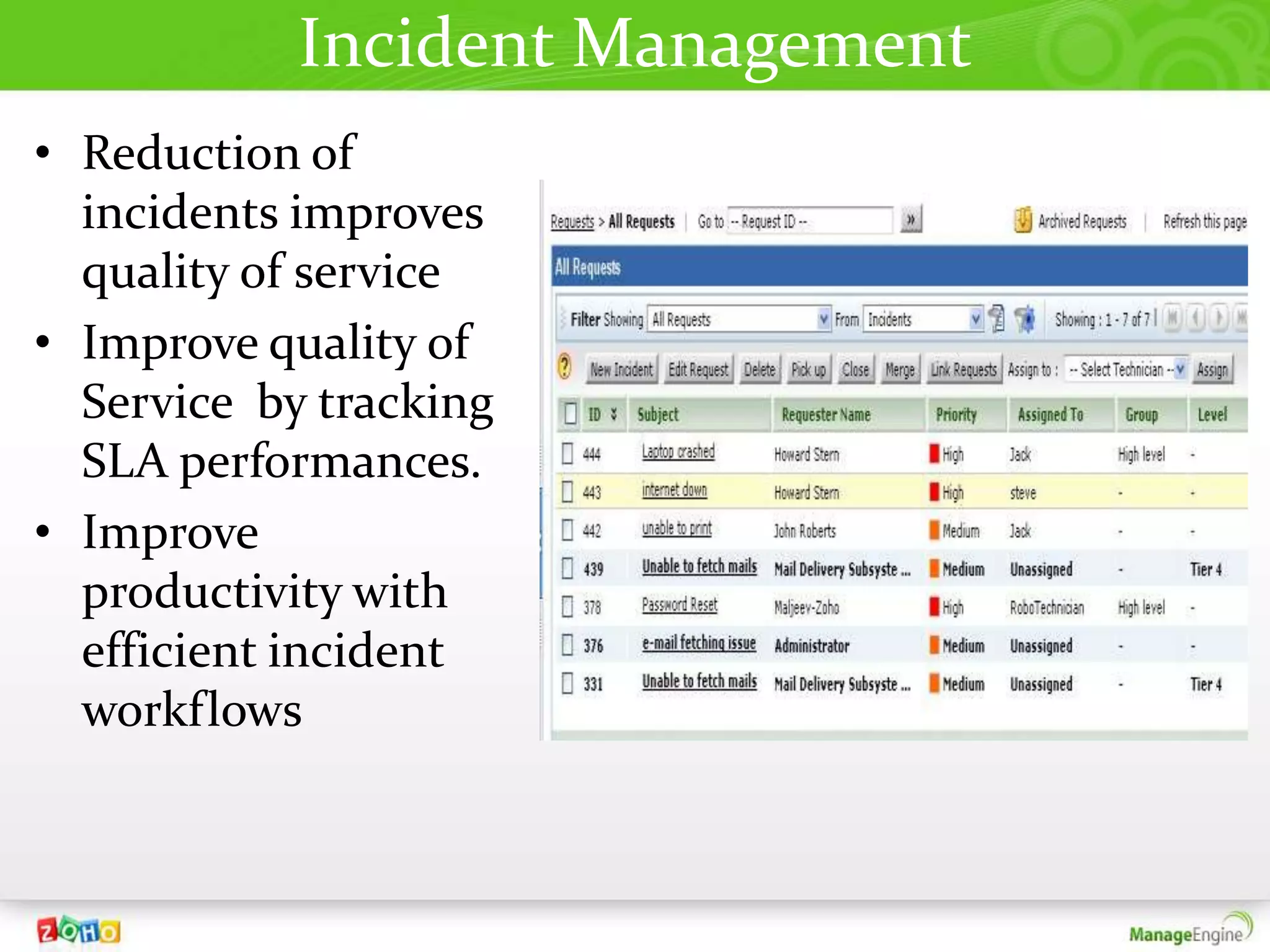 Incident Management
• Reduction of
  incidents improves
  quality of service
• Improve quality of
  Service by tracking
  SLA performances.
• Improve
  productivity with
  efficient incident
  workflows
 