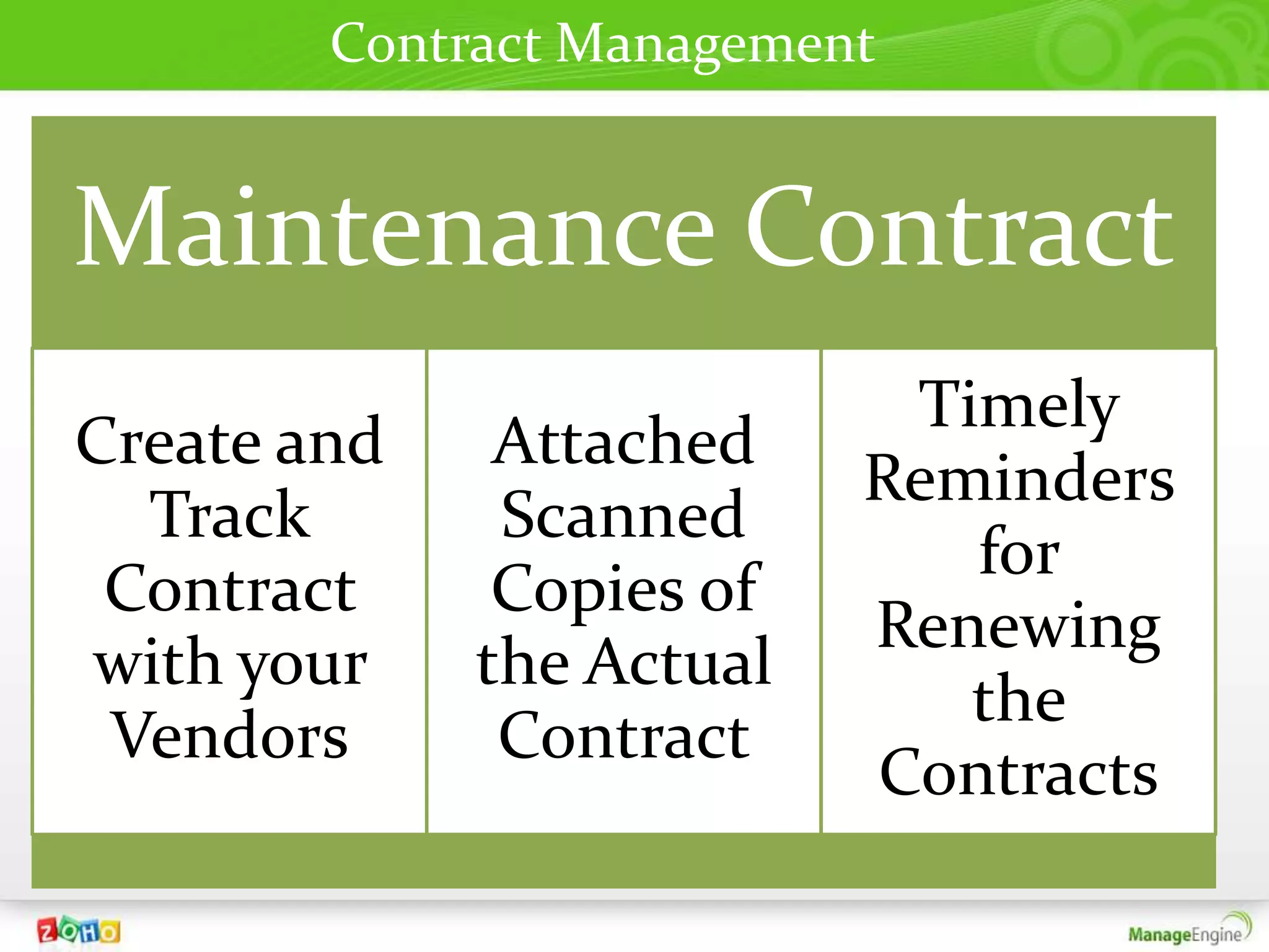 Contract Management


Maintenance Contract
                           Timely
Create and    Attached
                          Reminders
  Track       Scanned
                             for
 Contract     Copies of
                          Renewing
with your    the Actual
                             the
 Vendors      Contract
                          Contracts
 