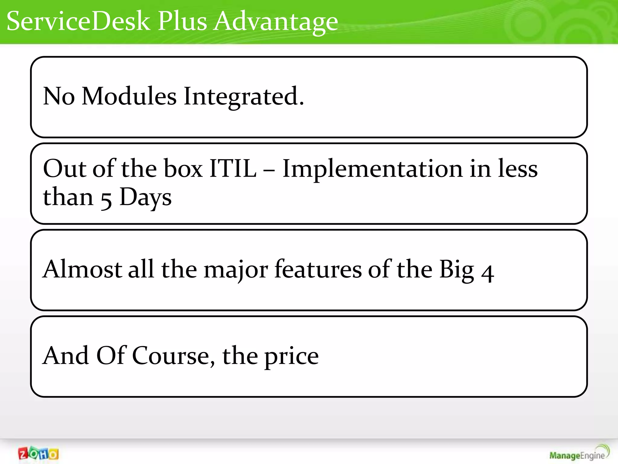 ServiceDesk Plus Advantage

  No Modules Integrated.

  Out of the box ITIL – Implementation in less
  than 5 Days

  Almost all the major features of the Big 4


  And Of Course, the price
 