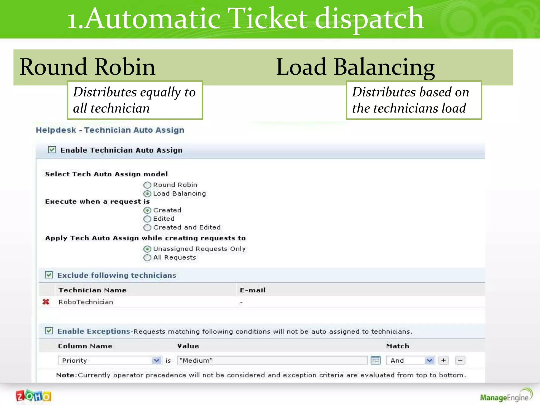 1.Automatic Ticket dispatch
Round Robin                  Load Balancing
    Distributes equally to         Distributes based on
    all technician                 the technicians load
 