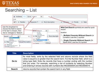 Searching – List
Wild Card Search symbols are used for quick
record
location.
• - Multiple Character Wildcard Search (or
‘Contains’) use the (*) symbol
• - Single Character Wildcard Search (Or
‘Starts With’) use the (%) symbol
Use the dropdown to
choose the field to search.
If ‘for text’ is chosen, then
‘Go to’ changes to ‘Search’.
Title Description
Go to
for most fields, sorts by the selected field and returns records where the field
value is equal to or greater than the search term. For the Number field, which is a
string type field, finds the records that have a number ending with the number
that you enter. For example, searching a list of incidents by selecting Number
and entering 4 shows records with numbers like INC0000004 and INC0000014.
Search returns records that contain the search term in any field.
 