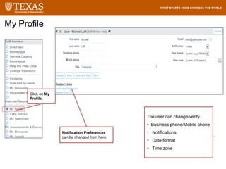 My Profile
The user can change/verify
- Business phone/Mobile phone
- Notifications
- Date format
- Time zone
Click on My
Profile.
Notification Preferences
can be changed from here.
My Profile
 