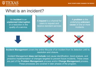 What is an incident?
A problem is the
underlying unknown
cause of one or more
incidents.
An incident is an
unplanned interruption
or a reduction in the
quality of a service.
Incident Management covers the entire lifecycle of an incident from its detection until its
resolution and closure.
Incident Management does not include root cause identification, trend analysis, and
proactive implementation of changes targeted to prevent future incidents. These areas
are part of the Problem Management process and/or Change Management process.
These processes are covered in later phases of the program.
A request is a channel for
users to request and
receive standard services
 
