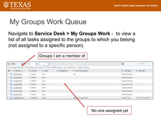 My Groups Work Queue
Navigate to Service Desk > My Groups Work - to view a
list of all tasks assigned to the groups to which you belong
(not assigned to a specific person)
Groups I am a member of
No one assigned yet
 