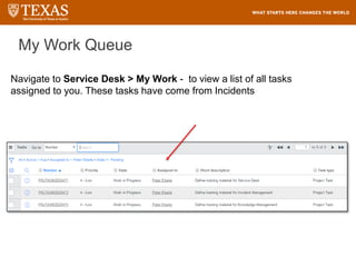 My Work Queue
Navigate to Service Desk > My Work - to view a list of all tasks
assigned to you. These tasks have come from Incidents
 