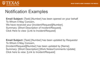 Notification Examples
Email Subject: [Task] [Number] has been opened on your behalf
To Whom It May Concern,
We have received your [Incident/Request][Number].
Summary: [Short Description of Incident/Request].
Click Here to view: [Link to Incident/Request]
Email Subject: [Task] [Number] has been updated by Requestor
To Whom It May Concern,
[Incident/Request][Number] has been updated by [Name].
Summary: [Short Description] [Work Notes/Comments Update]
Click here to view: [Link to Incident/Request]
 