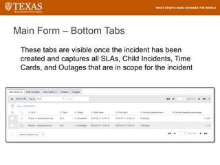 Main Form – Bottom Tabs
60
These tabs are visible once the incident has been
created and captures all SLAs, Child Incidents, Time
Cards, and Outages that are in scope for the incident
 