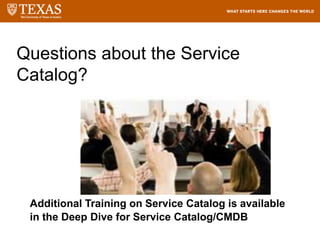 Questions about the Service
Catalog?
Additional Training on Service Catalog is available
in the Deep Dive for Service Catalog/CMDB
 