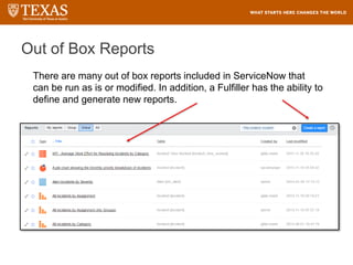 Out of Box Reports
There are many out of box reports included in ServiceNow that
can be run as is or modified. In addition, a Fulfiller has the ability to
define and generate new reports.
 