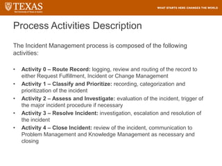 Process Activities Description
The Incident Management process is composed of the following
activities:
• Activity 0 – Route Record: logging, review and routing of the record to
either Request Fulfillment, Incident or Change Management
• Activity 1 – Classify and Prioritize: recording, categorization and
prioritization of the incident
• Activity 2 – Assess and Investigate: evaluation of the incident, trigger of
the major incident procedure if necessary
• Activity 3 – Resolve Incident: investigation, escalation and resolution of
the incident
• Activity 4 – Close Incident: review of the incident, communication to
Problem Management and Knowledge Management as necessary and
closing
 