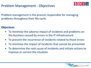 Problem Management - Objectives
Problem management is the process responsible for managing
problems throughout their life-cycle.
Objectives
• To minimise the adverse impact of incidents and problems on
the business caused by errors in the IT infrastructure
• To prevent the recurrence of incidents related to those errors
• To minimise the impact of incidents that cannot be prevented
• To determine the root cause of incidents and initiate actions to
improve or correct the situation
107
 